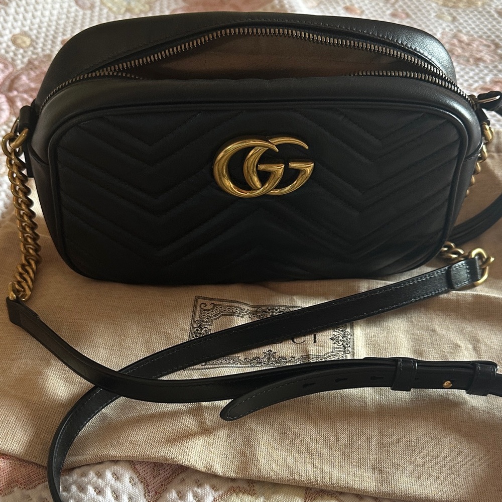Gucci Black GG Marmont small matelassé shoulder bag chevron crossbody, dust bag